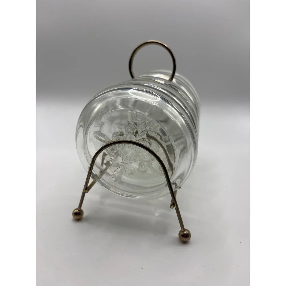 Vintage Glass Coasters Set of 6 with Brass Caddy Rack Floral Pressed Clear Glass